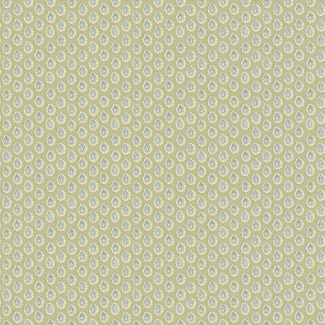 Pale soft green wallpaper with tiny cream outlined teardrop motifs in a dense repeat