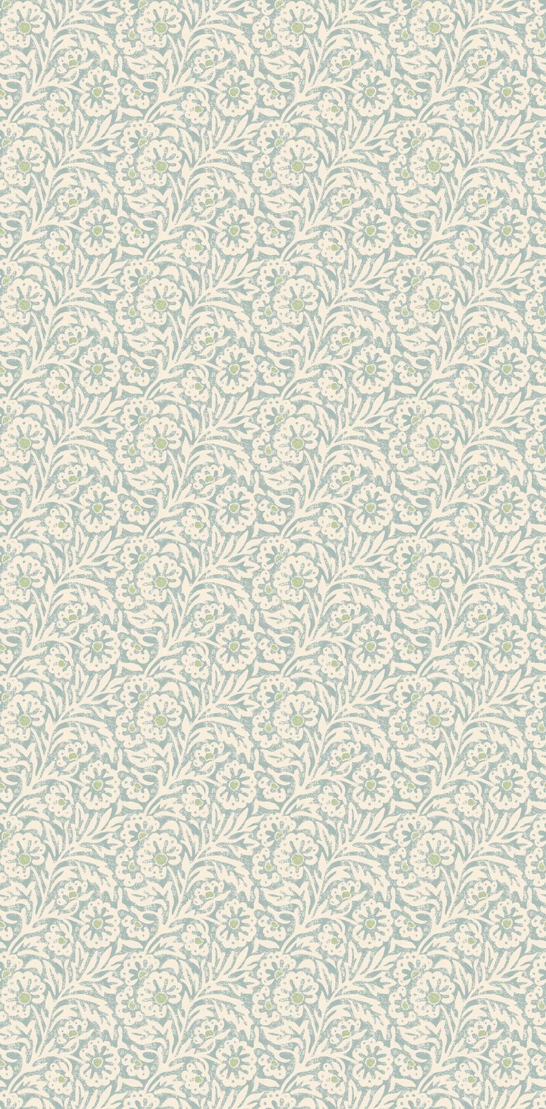 Pale aqua wallpaper with cream scrolling flowers and small leafy sprigs