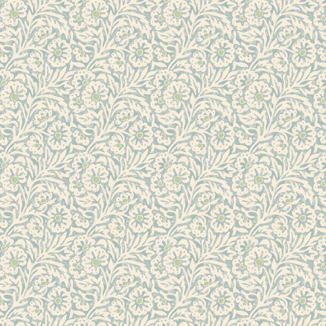 Pale aqua wallpaper with cream scrolling flowers and small leafy sprigs