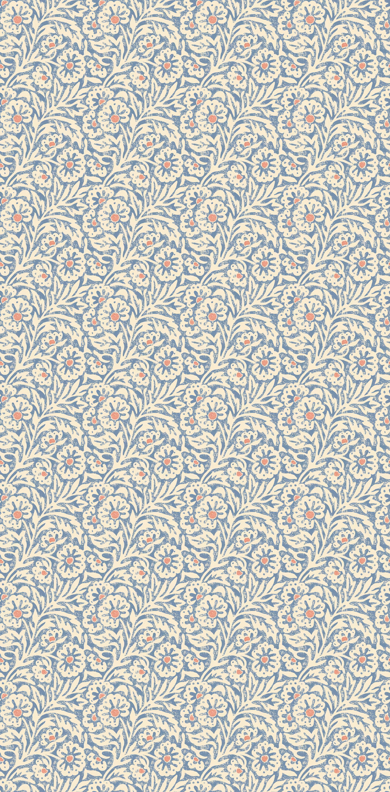 Muted dusty-blue wallpaper with cream leafy trails and tiny coral-centred flowers