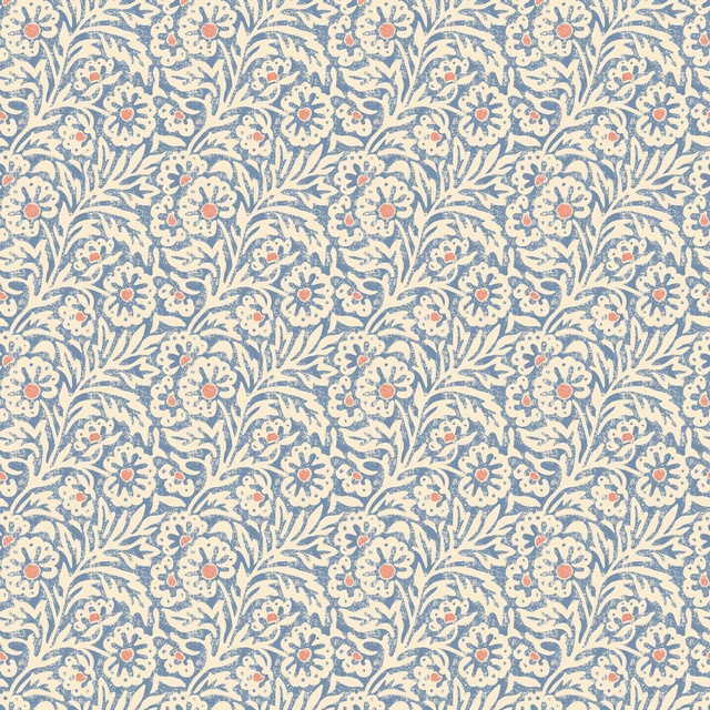 Muted dusty-blue wallpaper with cream leafy trails and tiny coral-centred flowers