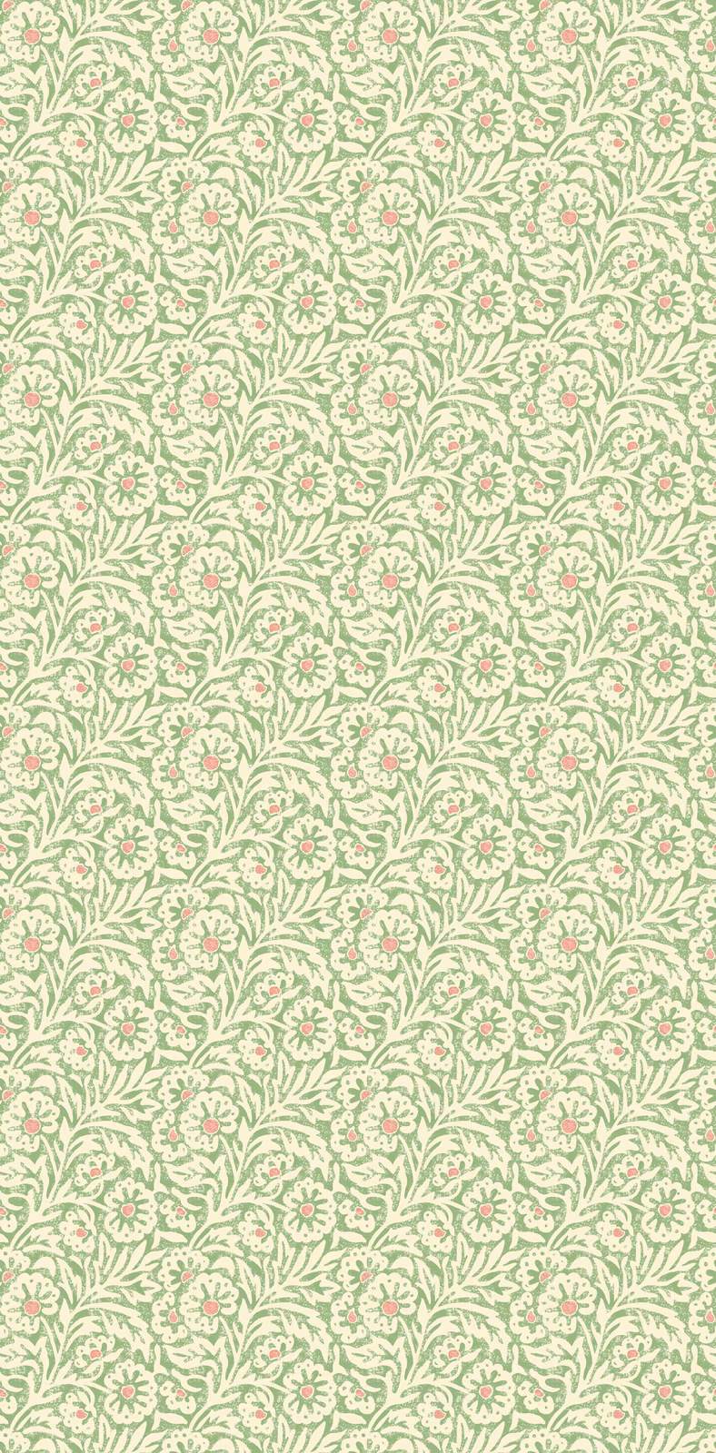 Pale sage-green wallpaper with dense cream leafy sprigs and tiny blush-pink flowers