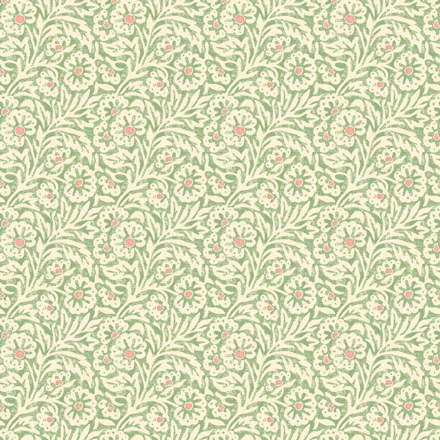 Pale sage-green wallpaper with dense cream leafy sprigs and tiny blush-pink flowers