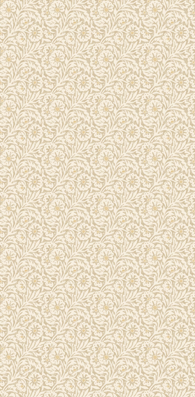 Warm parchment wallpaper with small ivory flowers and winding leafy stems