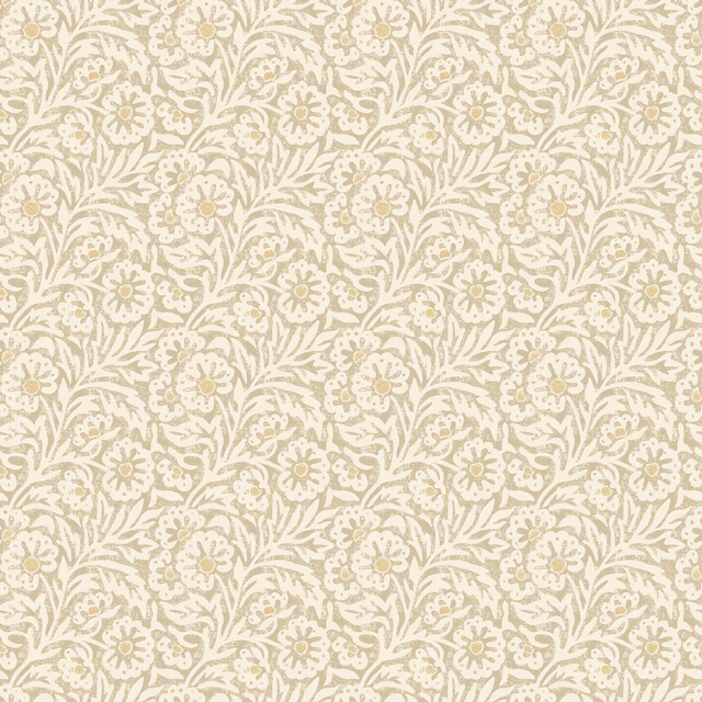 Warm parchment wallpaper with small ivory flowers and winding leafy stems