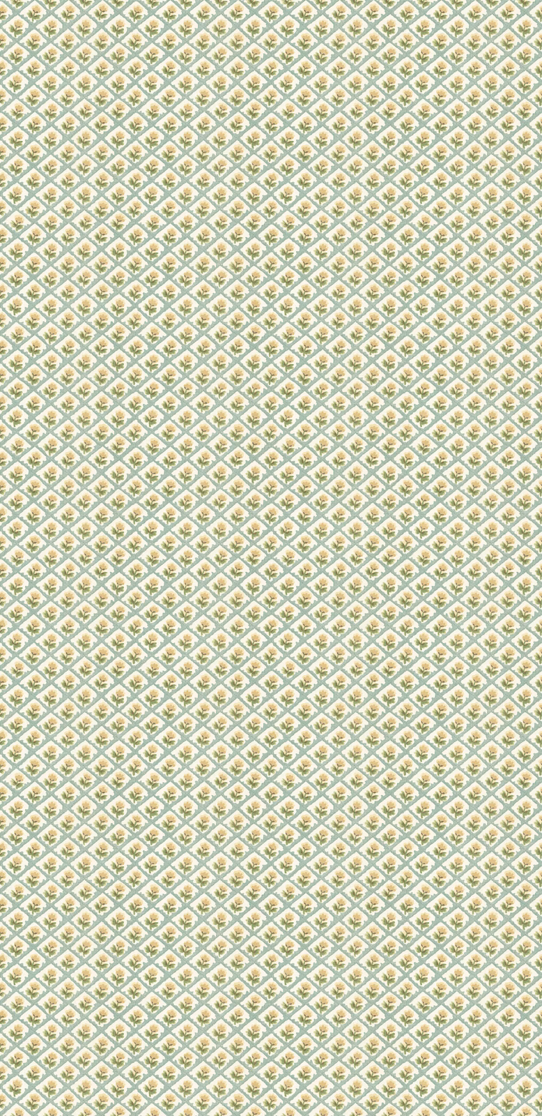 Pale aqua wallpaper with tiny cream and yellow-green repeating diamond motifs