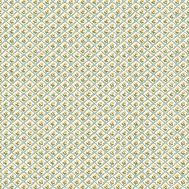 Pale aqua wallpaper with tiny cream and yellow-green repeating diamond motifs