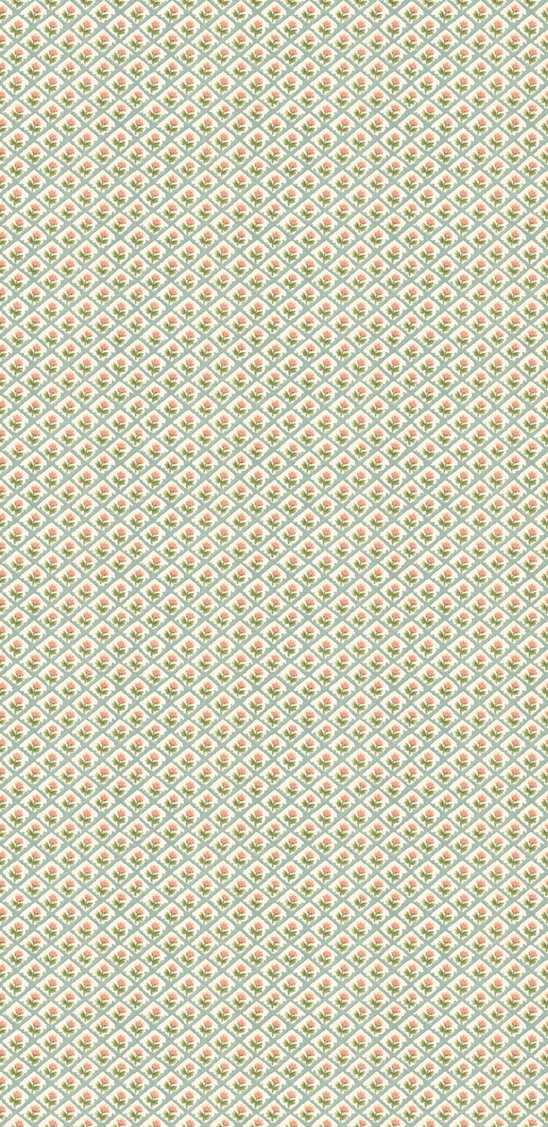 Pale aqua wallpaper with tiny pink and green diamond motifs in a close grid