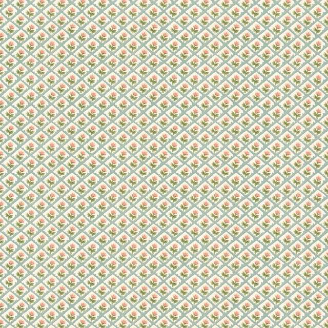 Pale aqua wallpaper with tiny pink and green diamond motifs in a close grid