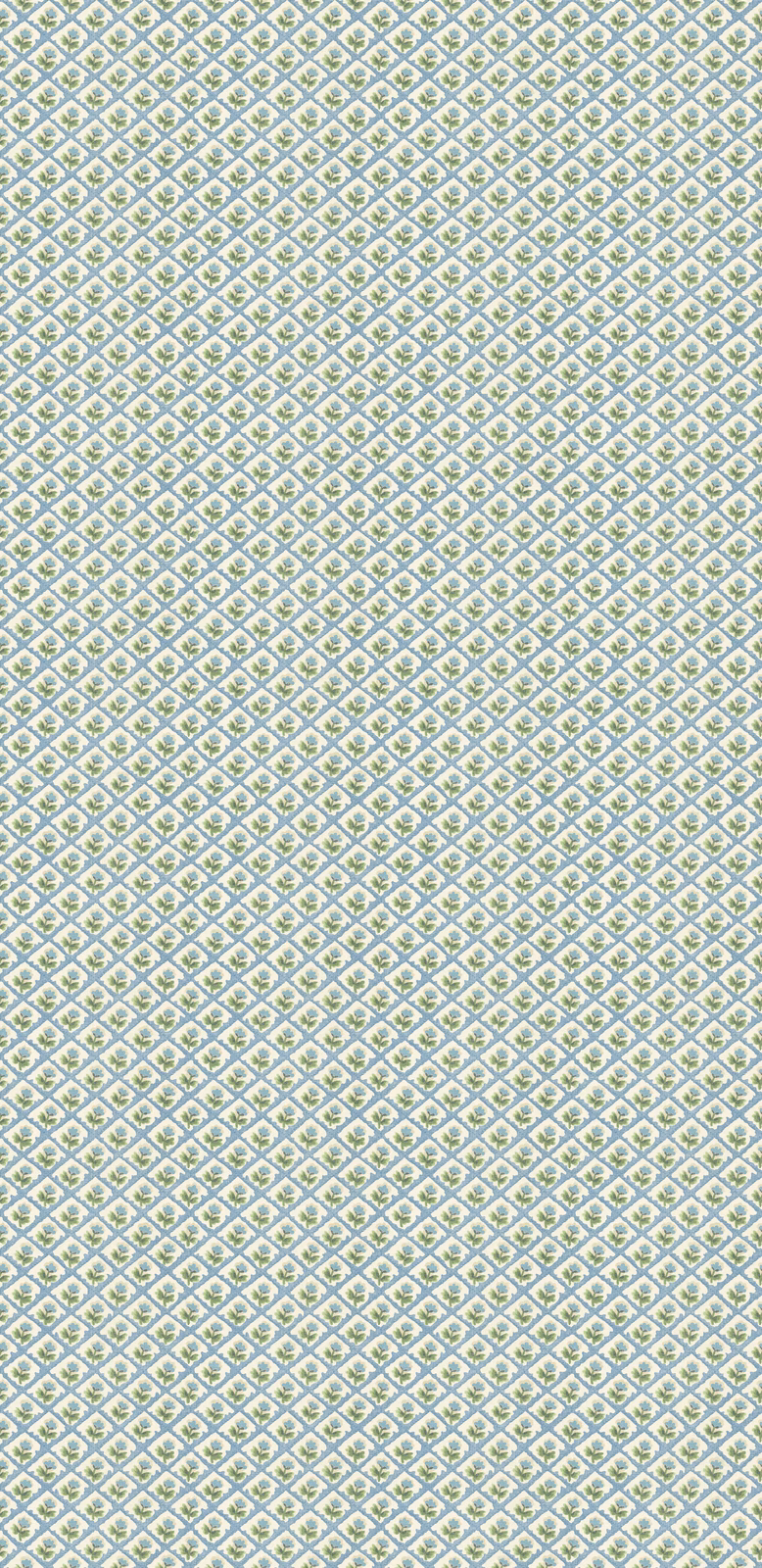 Pale blue and sage-green diamond print on a light wallpaper ground