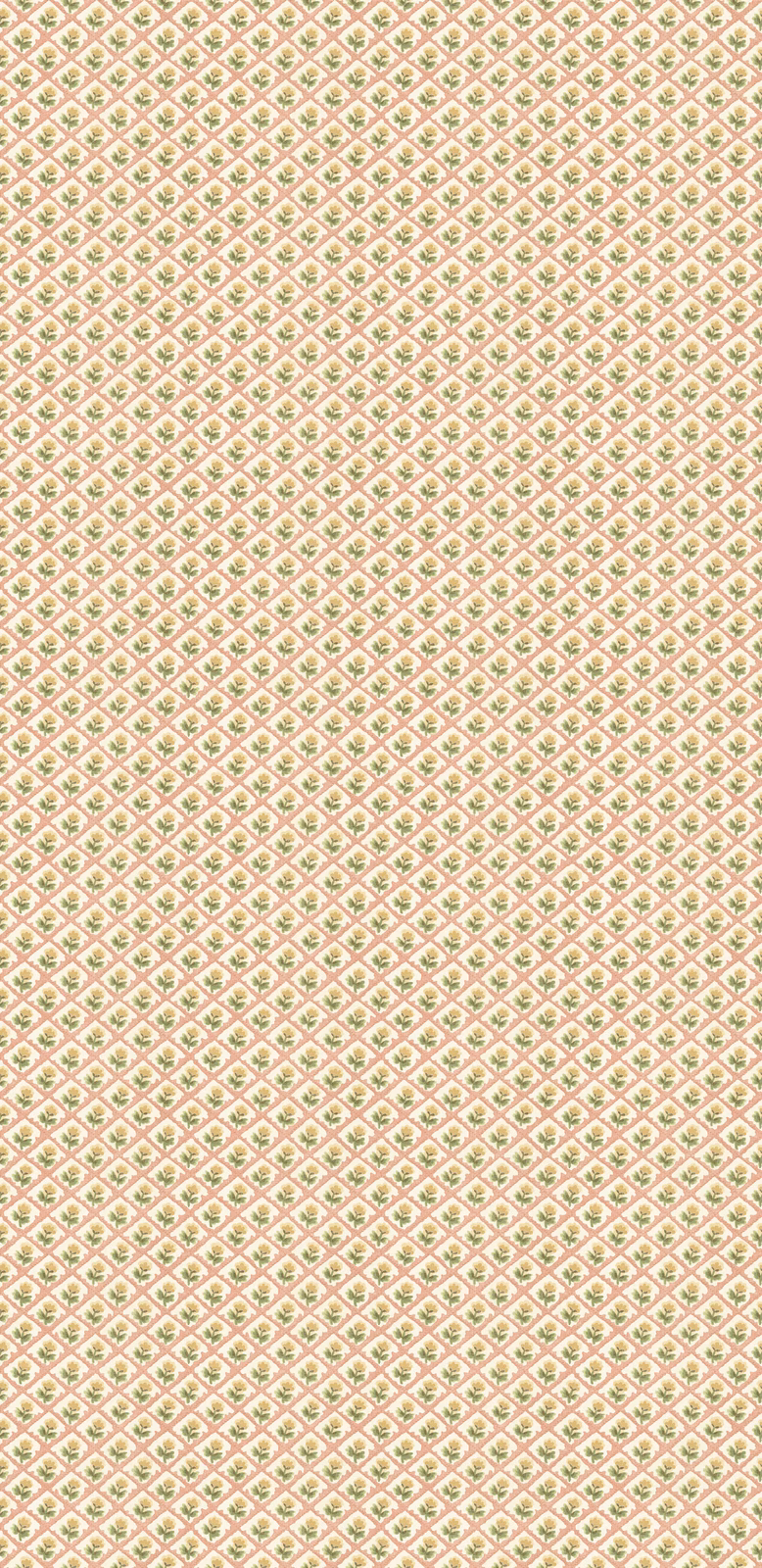 Pale blush wallpaper with tiny green diamond motifs and pink accents