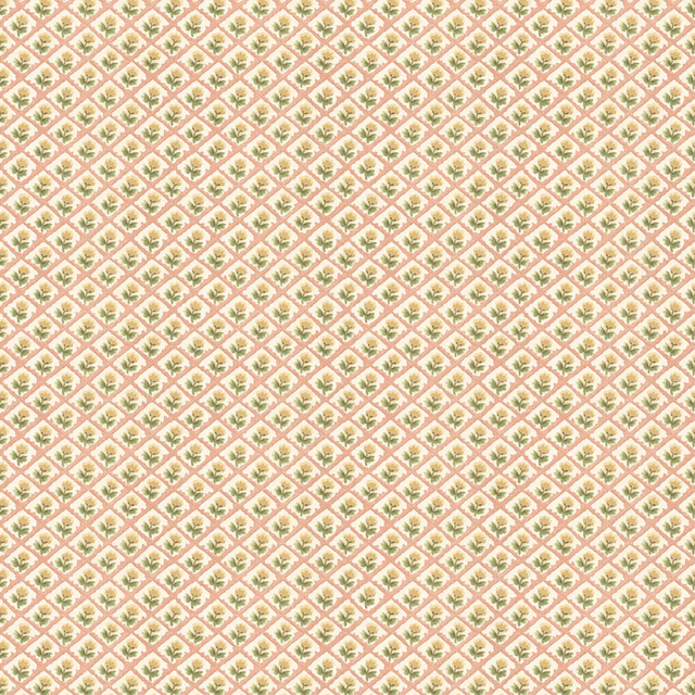 Pale blush wallpaper with tiny green diamond motifs and pink accents