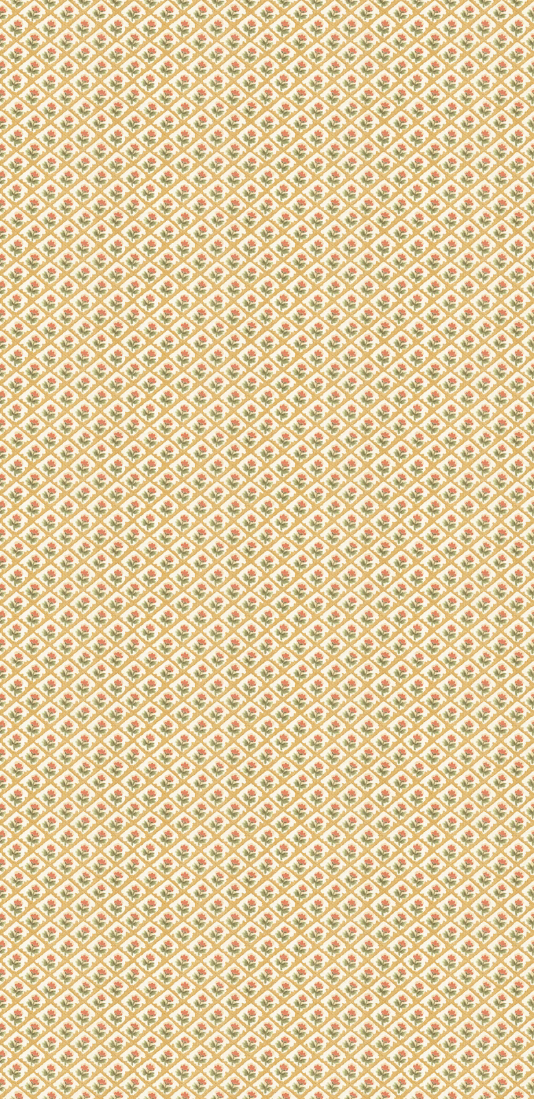 Penny Ochre wallpaper with tiny ochre, sage and blush trellis motifs on cream