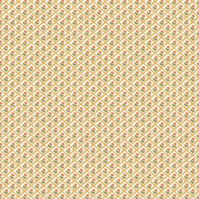 Penny Ochre wallpaper with tiny ochre, sage and blush trellis motifs on cream