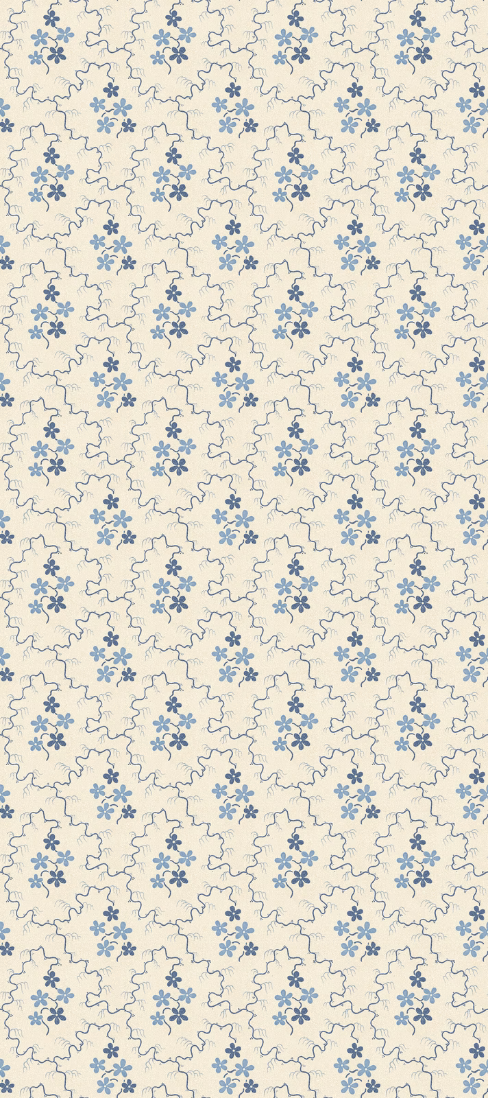Cream wallpaper with small muted blue posies and outlined scalloped motifs