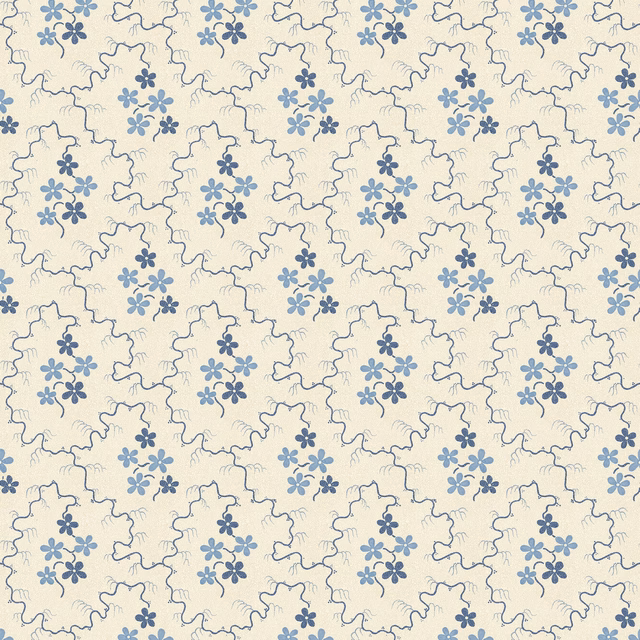 Cream wallpaper with small muted blue posies and outlined scalloped motifs