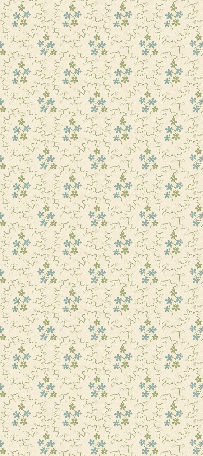 Cream wallpaper with tiny aqua-green flower clusters and pale winding outlines