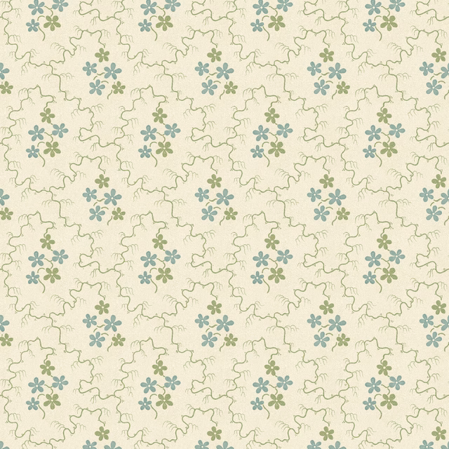 Cream wallpaper with tiny aqua-green flower clusters and pale winding outlines