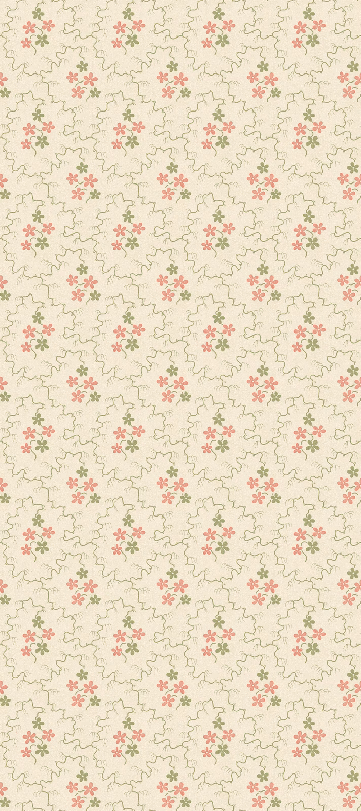 Cream wallpaper with repeating green and red posies and fine looping outlines