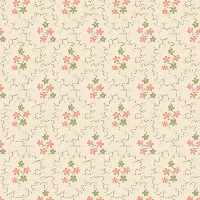 Cream wallpaper with repeating green and red posies and fine looping outlines