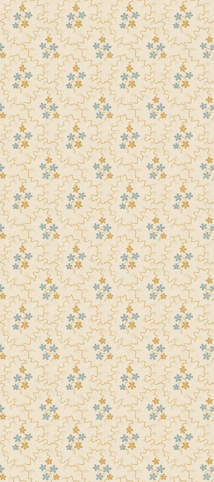 Cream wallpaper with ochre tracery and repeated small blue flower clusters