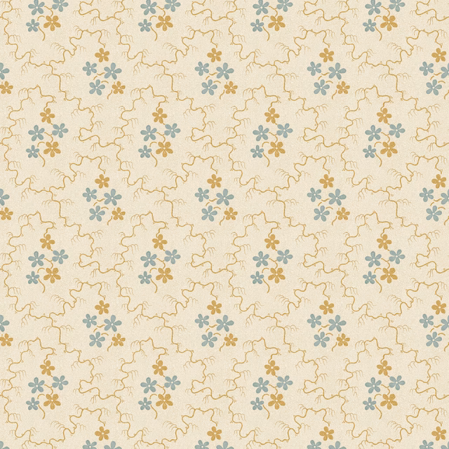 Cream wallpaper with ochre tracery and repeated small blue flower clusters