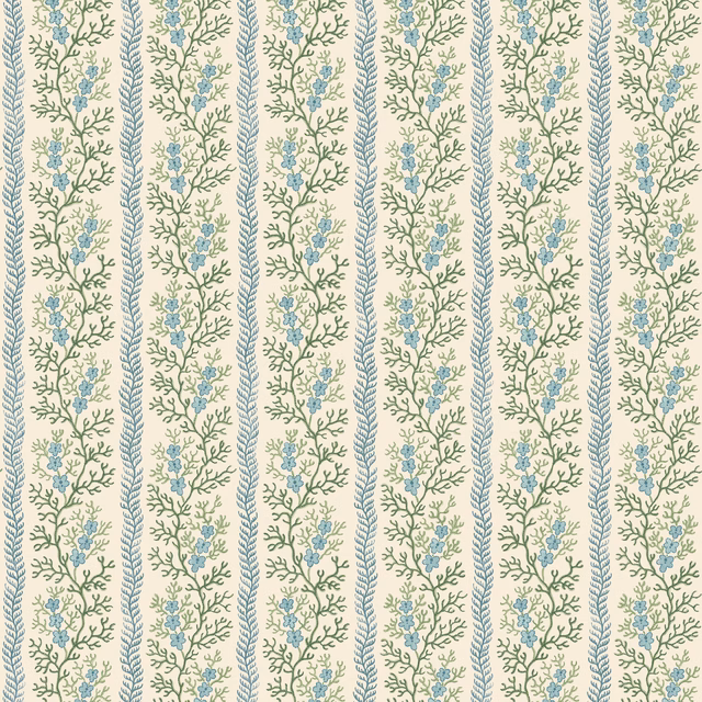 Cream wallpaper with vertical sage sprigs and pale blue botanical accents
