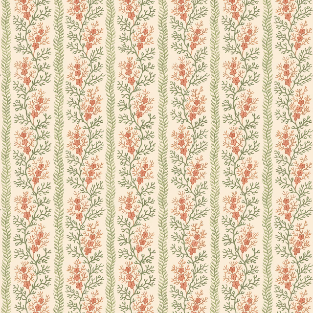 Cream wallpaper with vertical sage foliage and coral-red floral sprigs