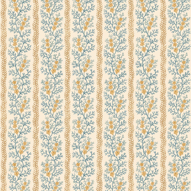 Cream wallpaper with blue botanical sprigs and ochre vertical stripes