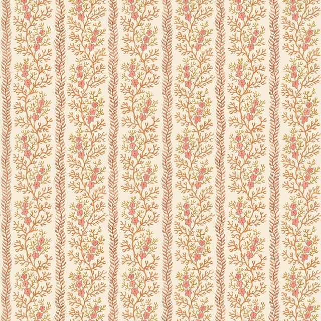 Soft red botanical vines in vertical stripes on a warm cream wallpaper ground