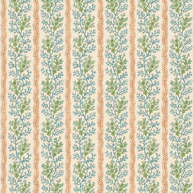 Cream wallpaper with cool teal botanical sprigs and red vertical vines