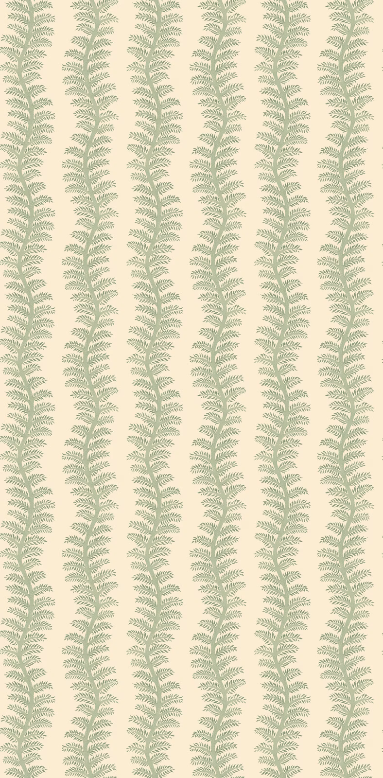 Pale aqua fern fronds form narrow vertical stripes across a creamy ground