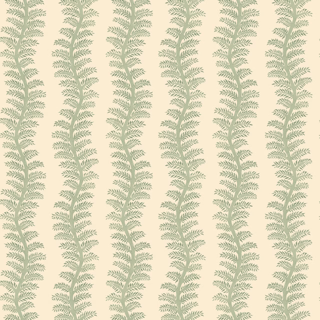 Pale aqua fern fronds form narrow vertical stripes across a creamy ground
