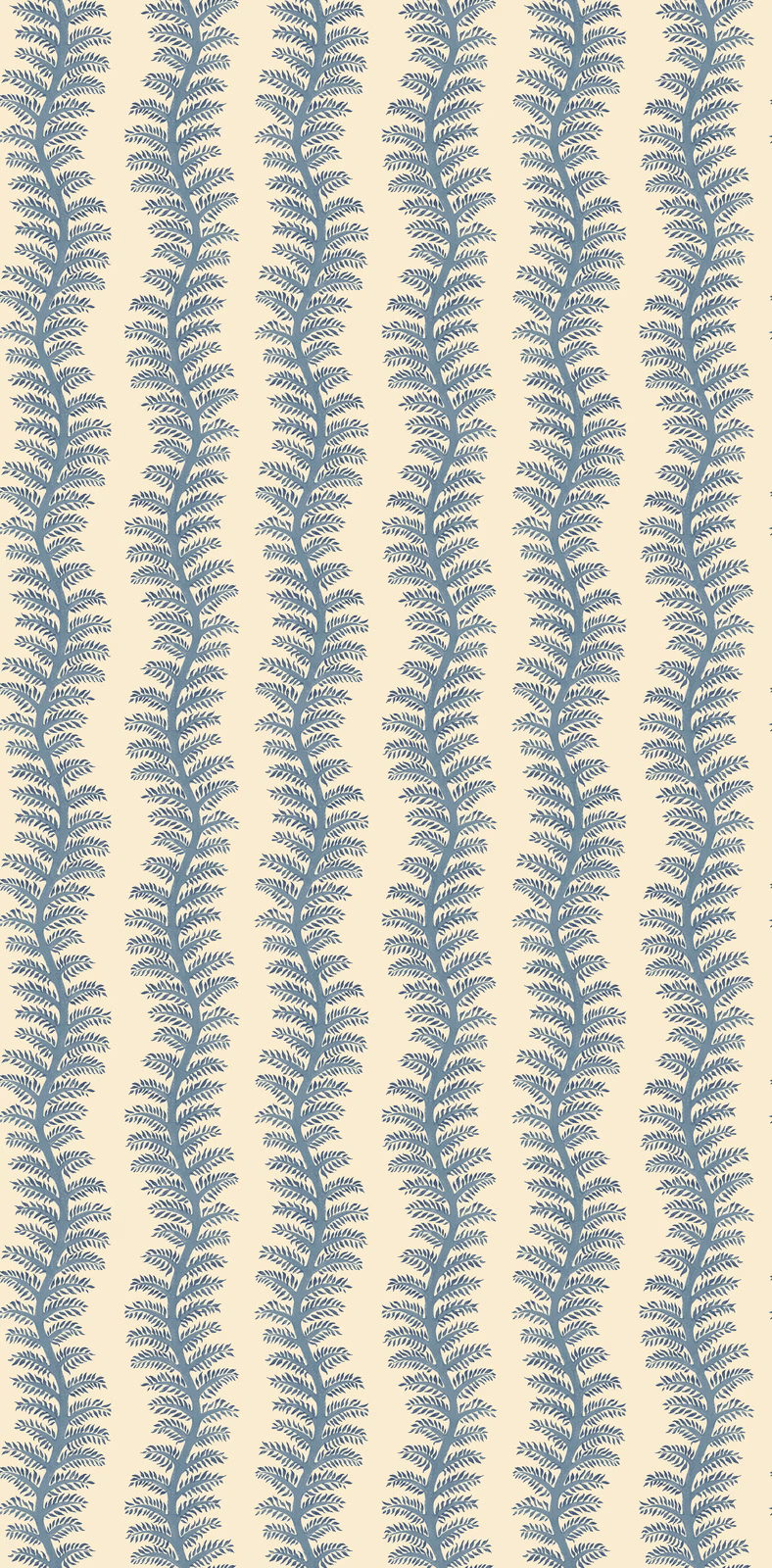 Muted indigo fern stripes repeating over a pale cream wallpaper ground