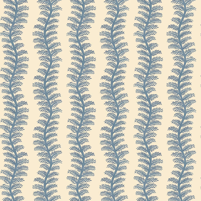 Muted indigo fern stripes repeating over a pale cream wallpaper ground