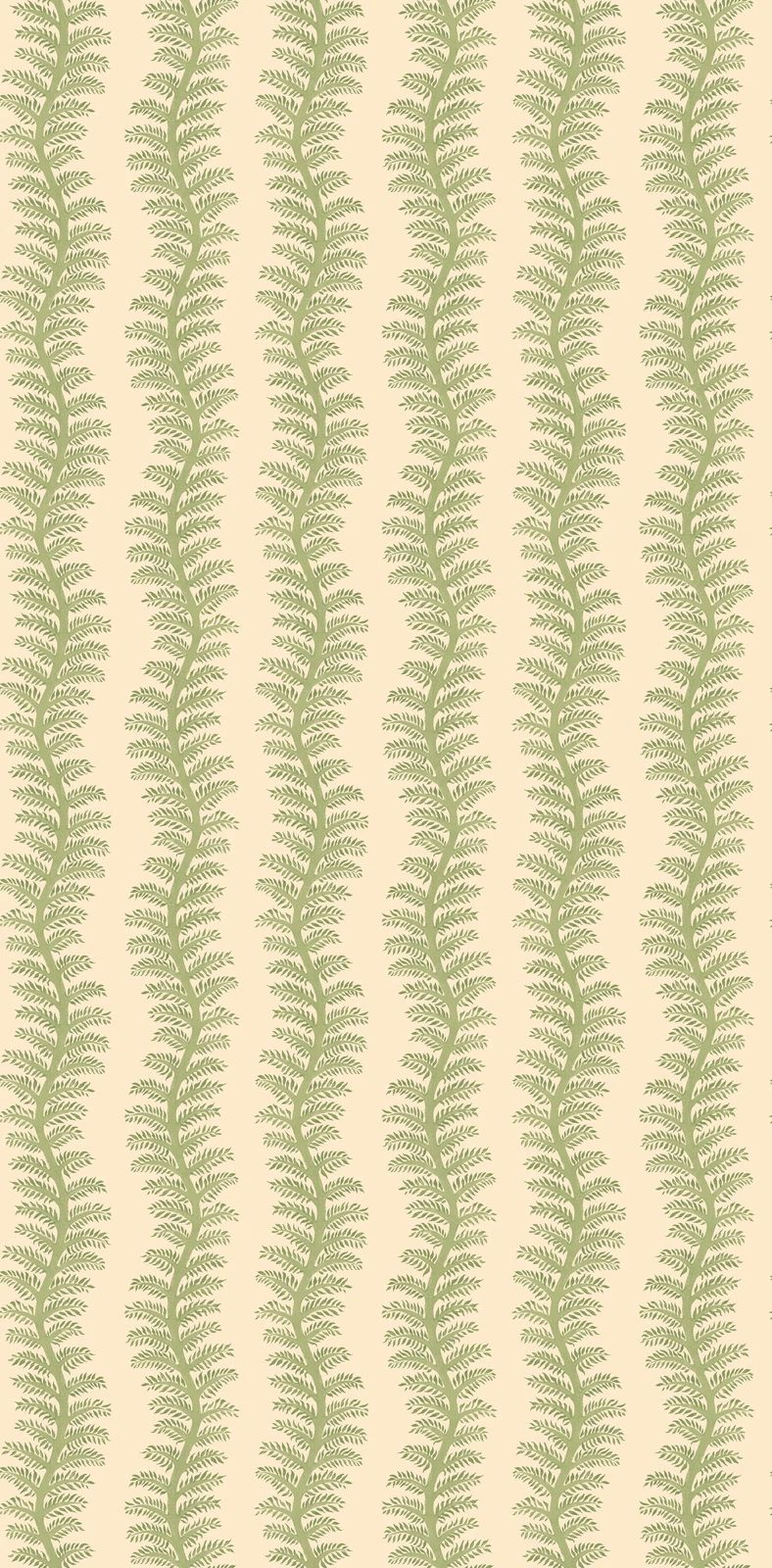 Ivory wallpaper with repeated vertical muted leaf-green fern fronds