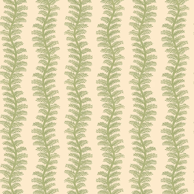Ivory wallpaper with repeated vertical muted leaf-green fern fronds