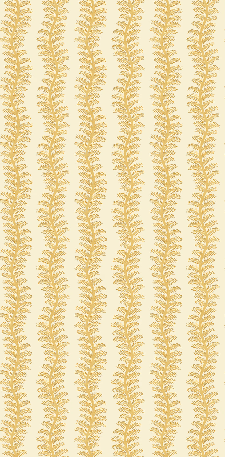 Muted ochre fern sprigs form narrow vertical stripes on a cream ground