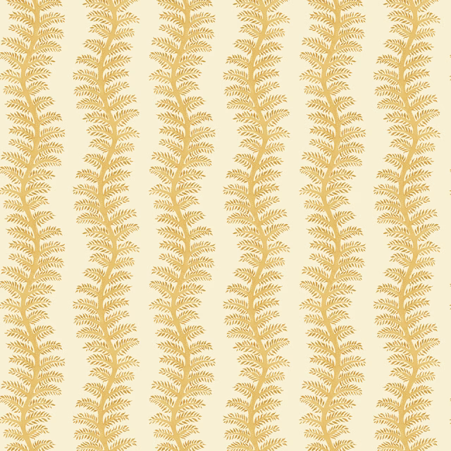 Muted ochre fern sprigs form narrow vertical stripes on a cream ground