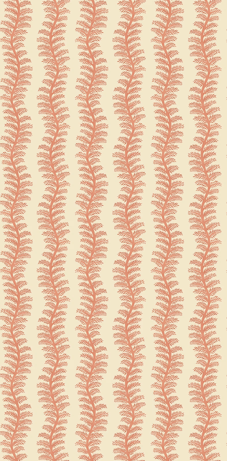 Soft red branching fern stripes repeat over a pale cream wallpaper ground