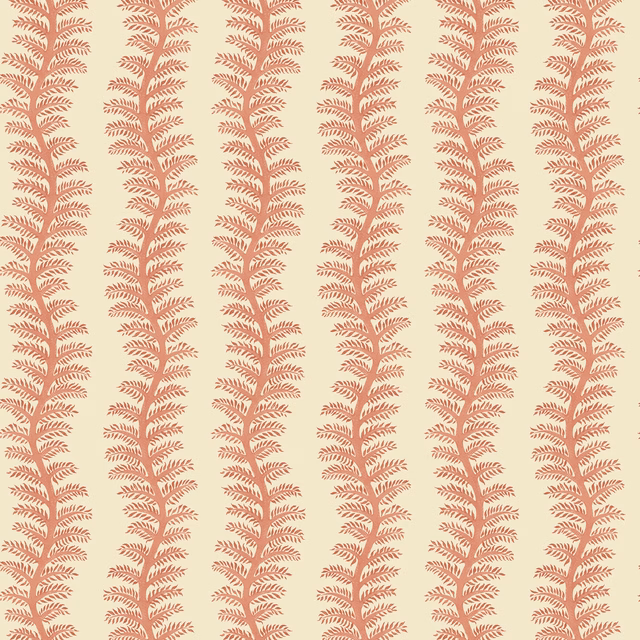Soft red branching fern stripes repeat over a pale cream wallpaper ground