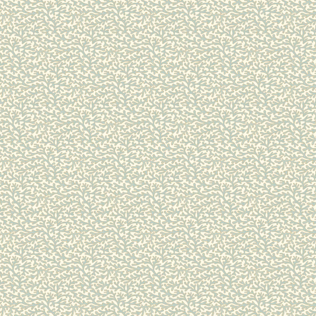 Pale aqua wallpaper with a dense pattern of tiny white sprig-like marks