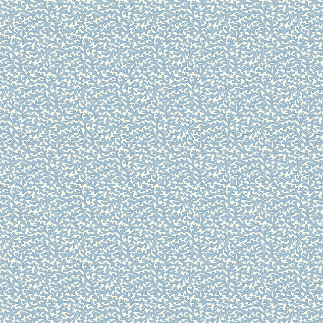 Pale dusty blue wallpaper with dense tiny white sprig-like marks