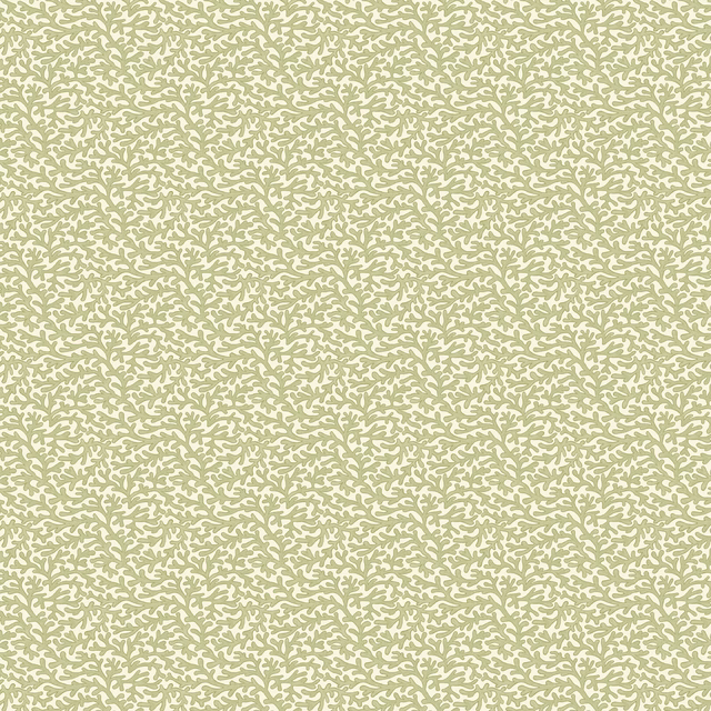 Pale leaf green wallpaper with dense tiny cream leafy sprigs