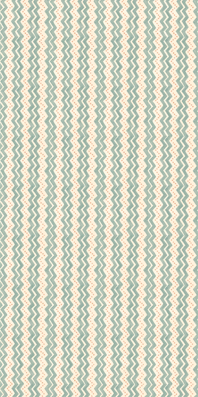 Muted aqua zigzag wallpaper on a warm cream ground with fine vertical rhythm