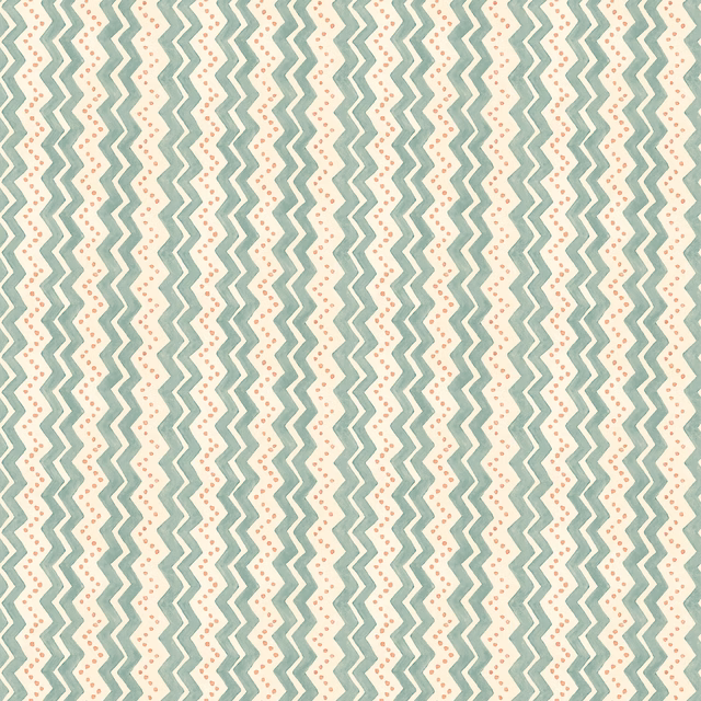 Muted aqua zigzag wallpaper on a warm cream ground with fine vertical rhythm