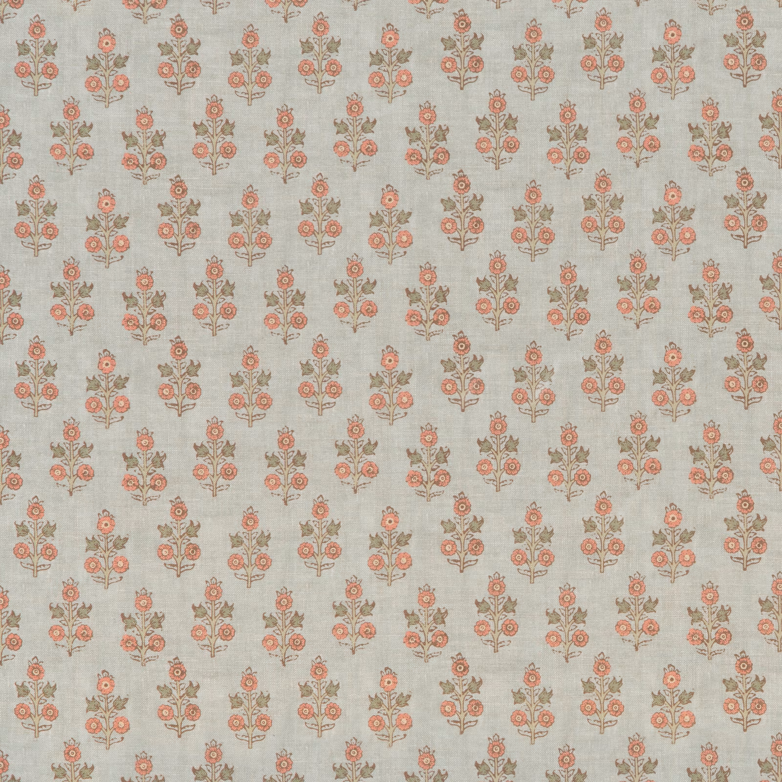 Pale aqua floral textile with blush rosettes and taupe sprigs in a small repeat