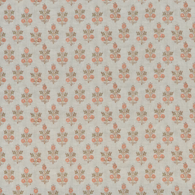 Pale aqua floral textile with blush rosettes and taupe sprigs in a small repeat