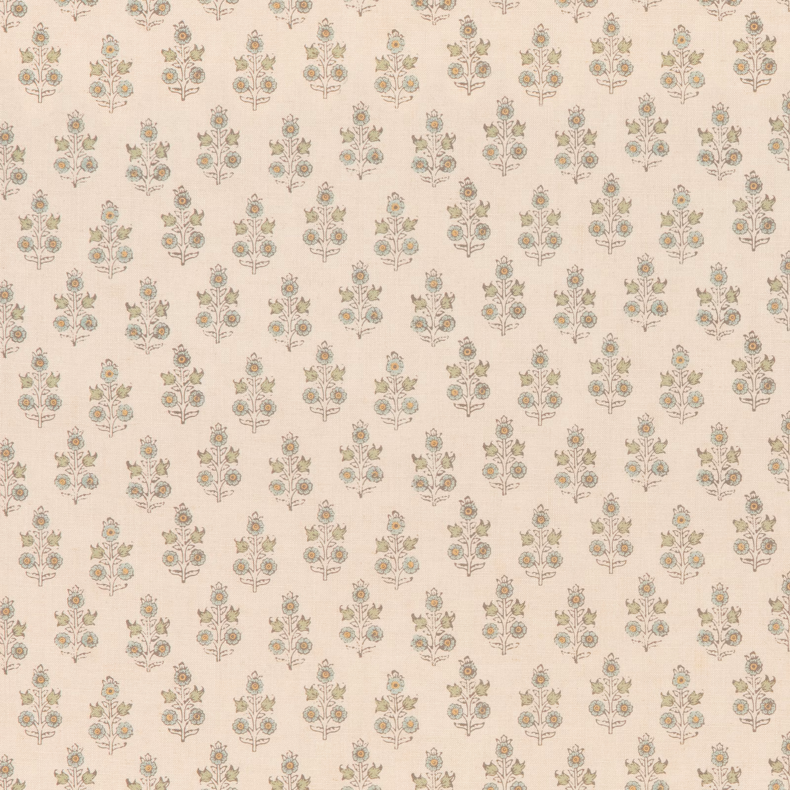 Cream textile with small muted aqua, sage and blush floral sprigs