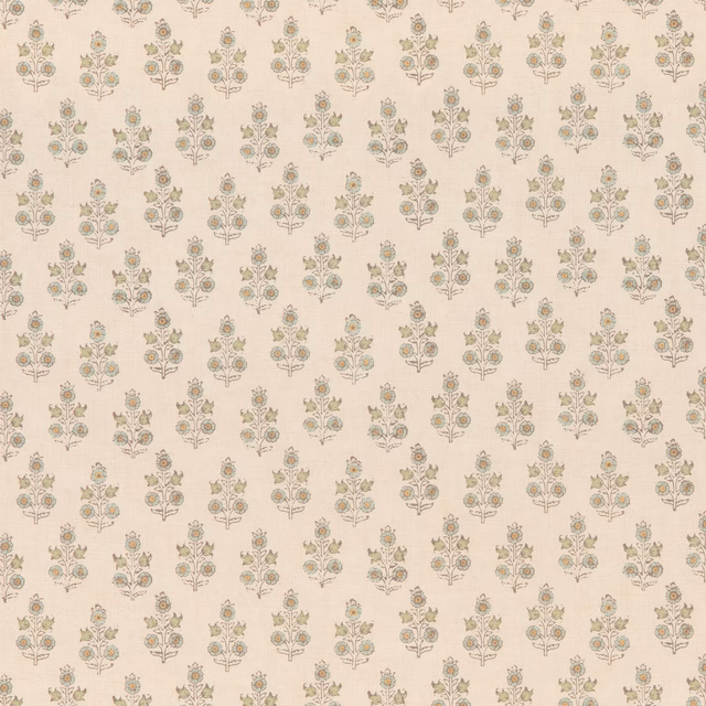 Cream textile with small muted aqua, sage and blush floral sprigs